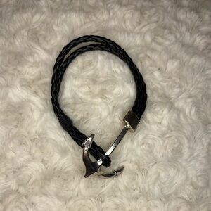 Black Faux Leather Silver Anchor Bracelet for men